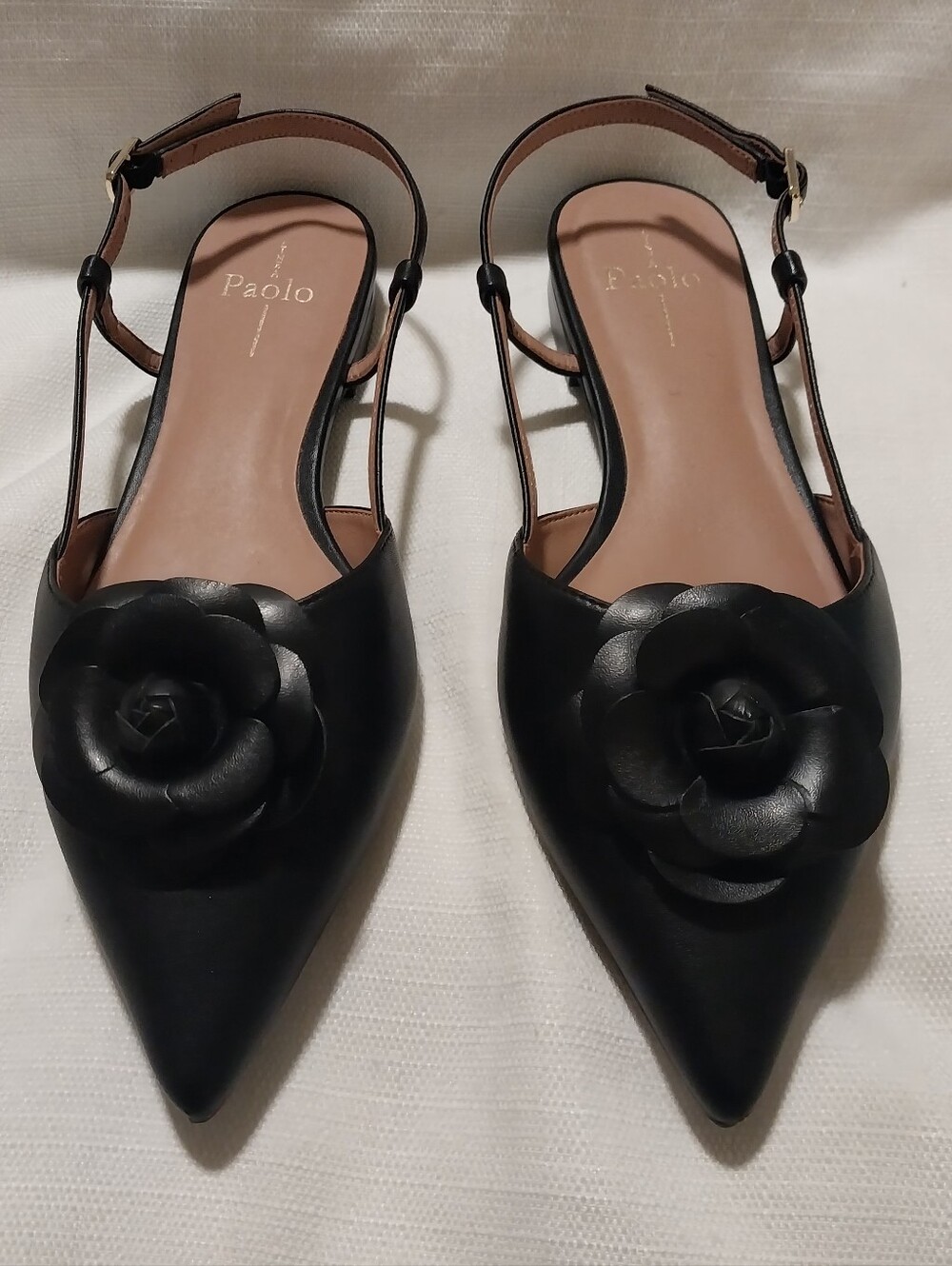 Linea Paolo Cammy Black Leather Pointed Toe Slingback Flat with Floral Applique